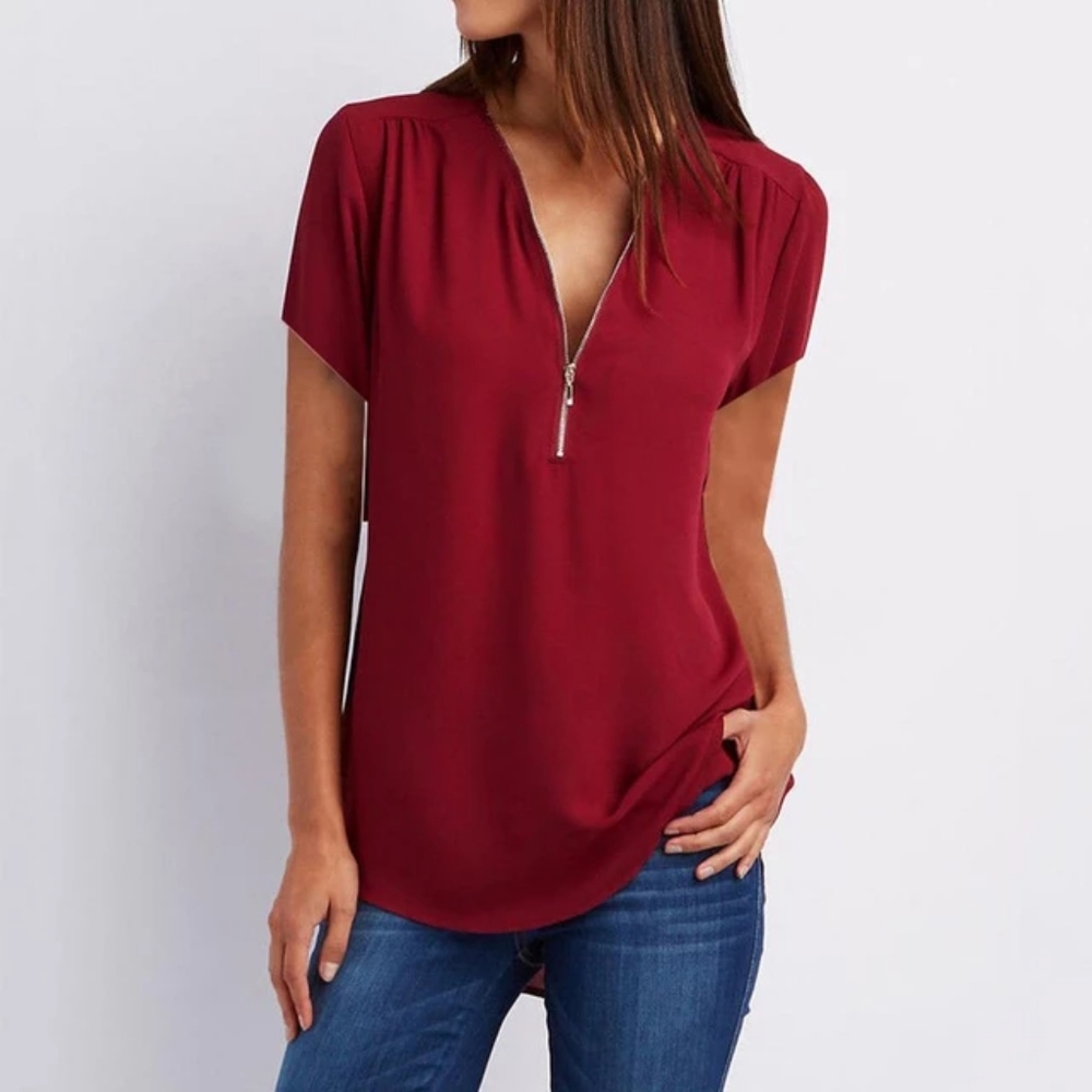 Women's Casual V-Neck Zipper Detail Loose Blouse Top Size L NWOT